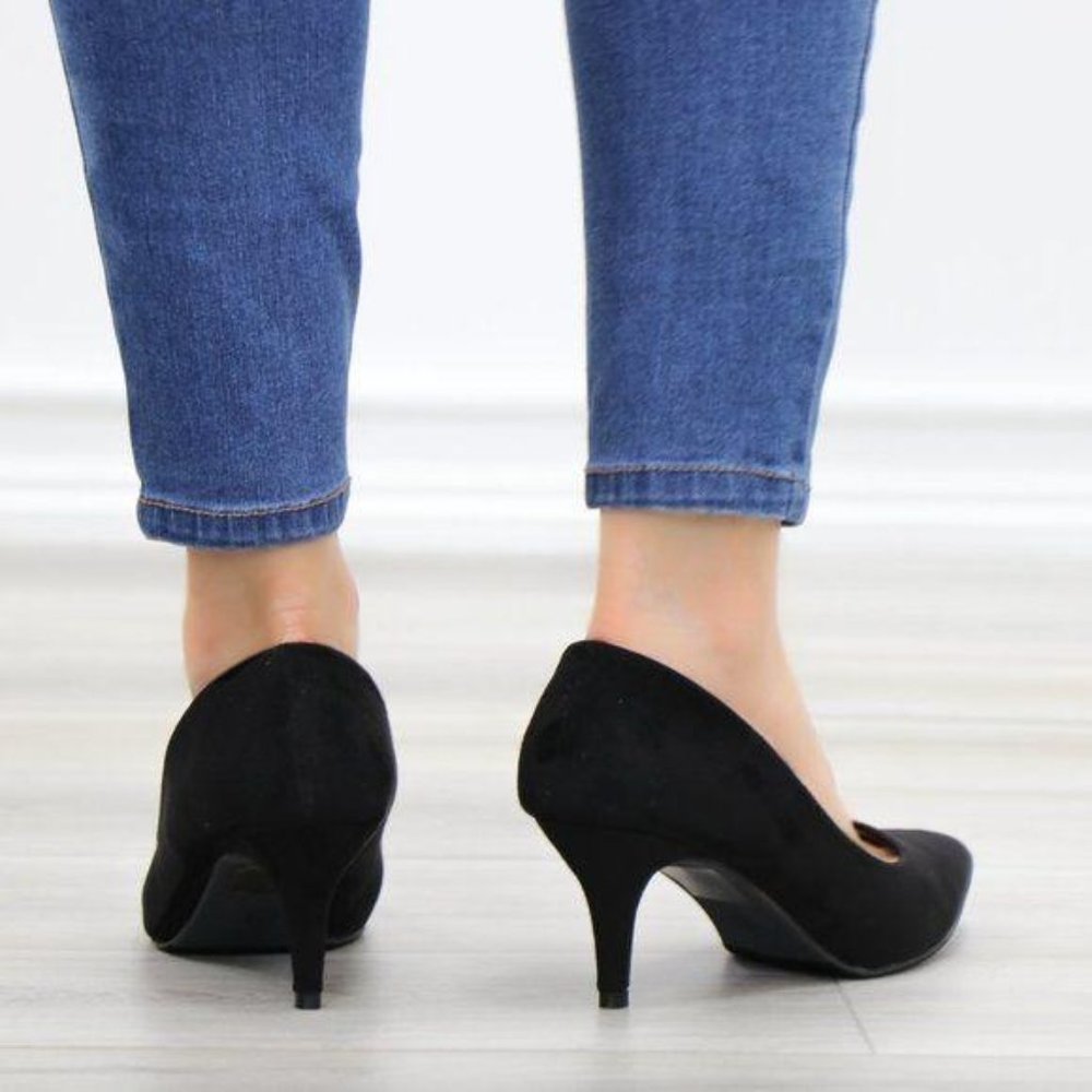 Black Suede Pointy Toe Kitten Low Heel Pumps - Picture 7 of 13